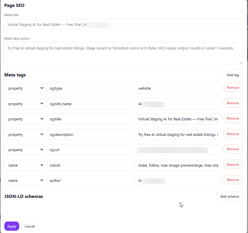 Screenshot of the CMS Page SEO panel after the audit, showing seven meta tag entries filled in: og:type, og:site_name, og:title, og:description, og:url, robots, and author.
