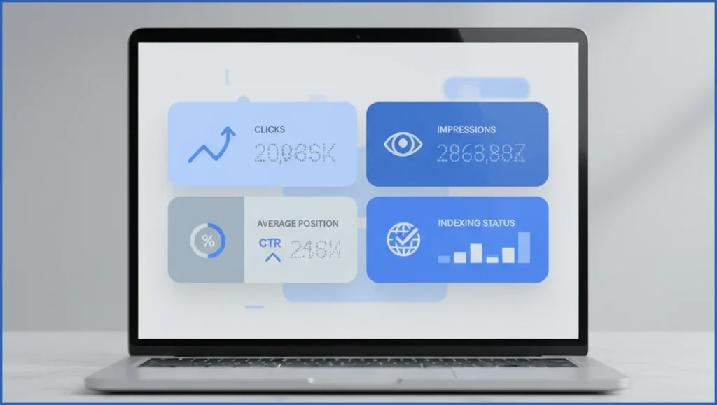 Search Console dashboard with key SEO metrics highlighted