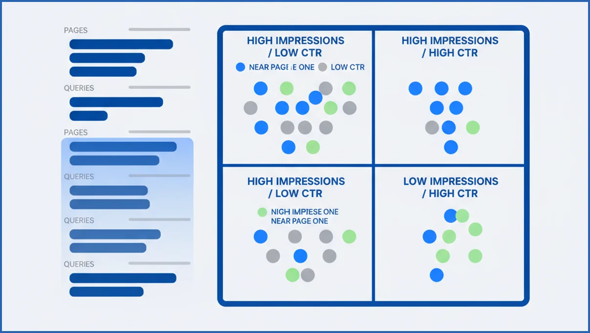 Opportunity matrix for queries and pages in Search Console