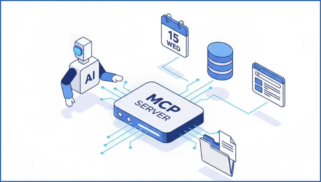 Diagram showing an MCP server connecting AI to tools