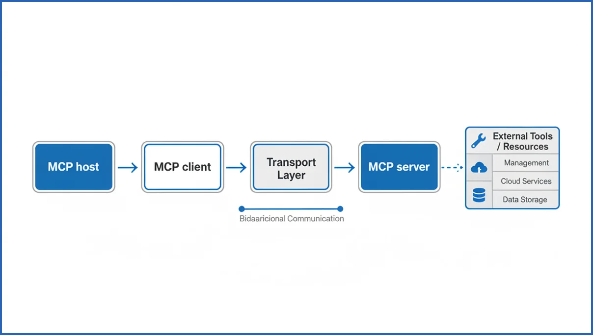 Flow diagram of MCP host, client, server, and transport