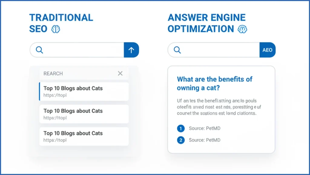 Side-by-side comparison of SEO and AEO