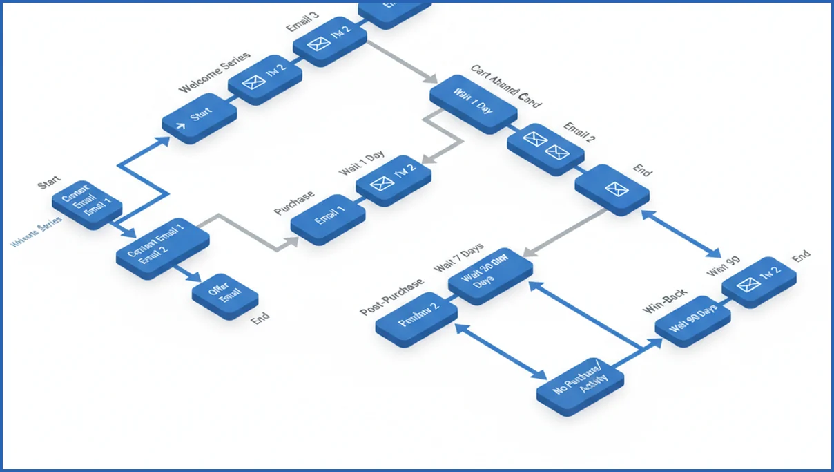 Flowchart of key automated email sequences