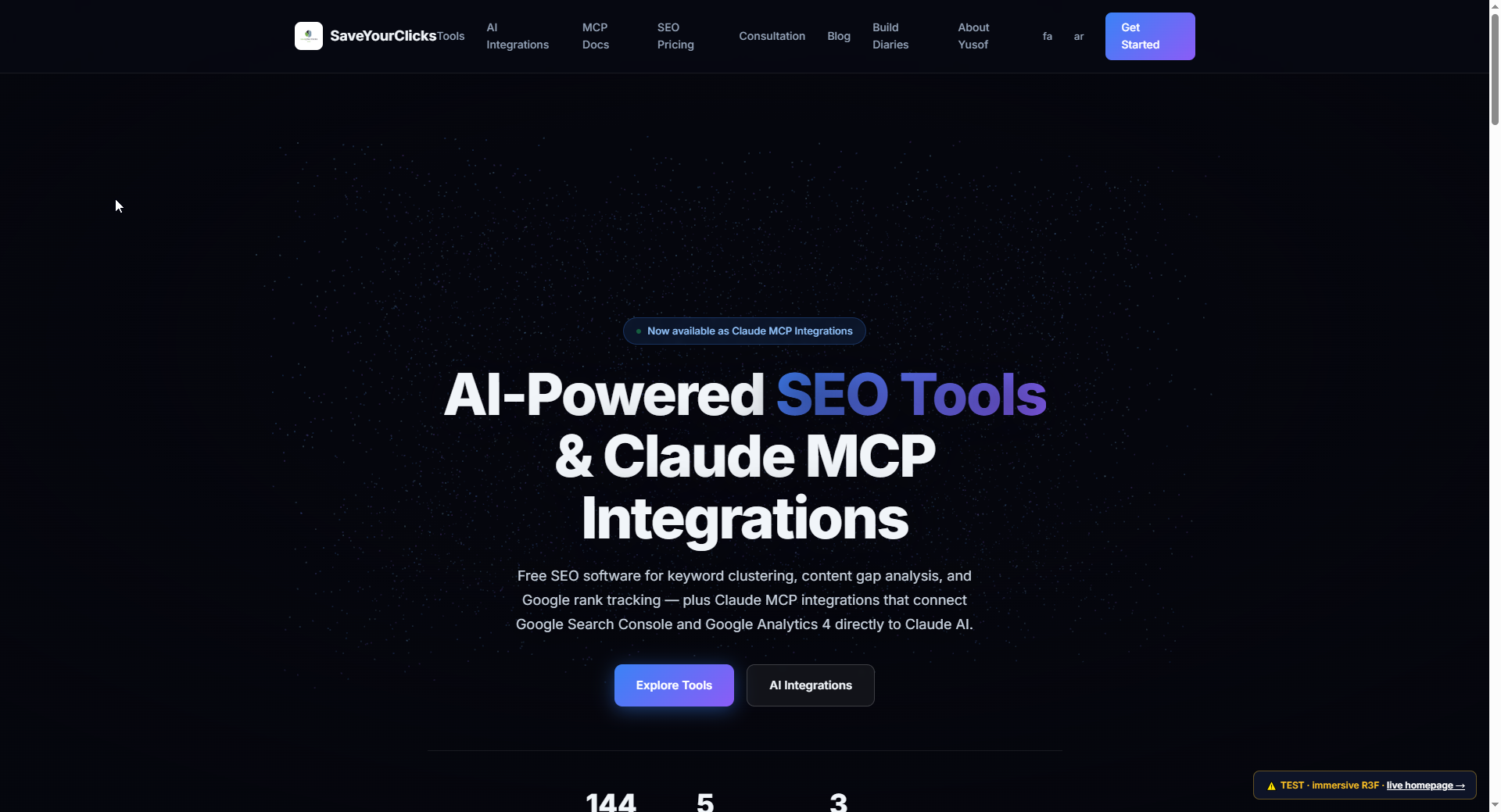 Work-in-progress hero of the test homepage — the headline 'AI-Powered SEO Tools and Claude MCP Integrations' over a near-empty dark background with only a few scattered particles, the cards flat and motionless.