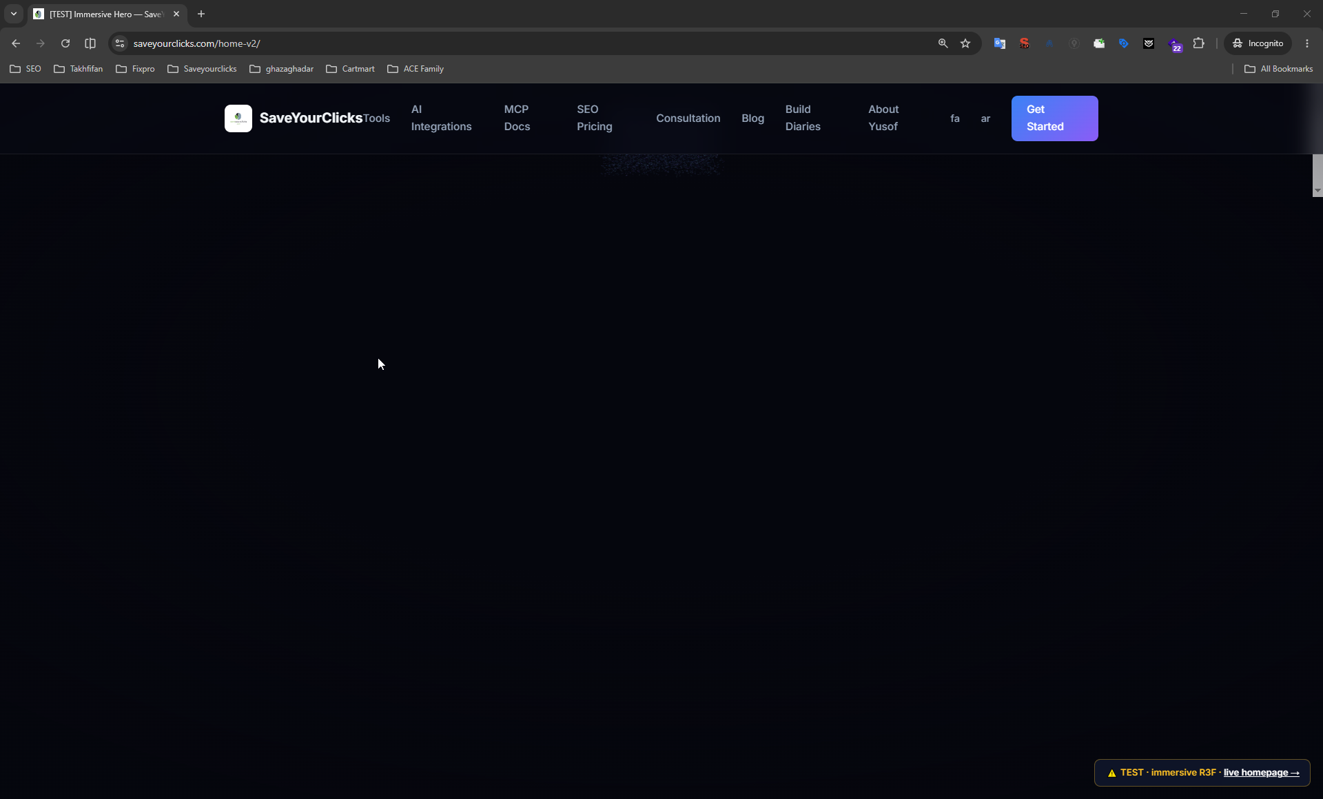 The test homepage frozen — only the top navigation bar is visible over an almost entirely black page, with no content and a dead scrollbar, captured at the moment drei's ScrollControls failed to mount.