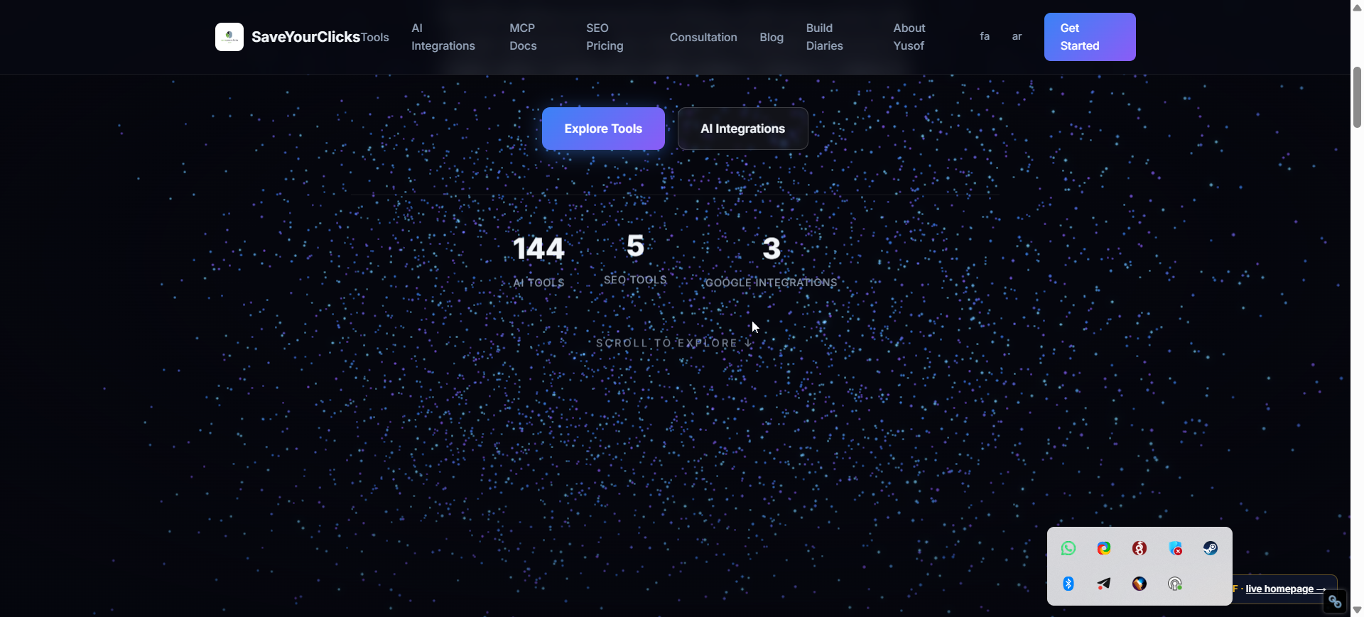 The finished test homepage hero — a deep starfield of blue and violet particles filling the screen with the headline and three stat counters (144 AI Tools, 5 SEO Tools, 3 Google Integrations) floating in the center.