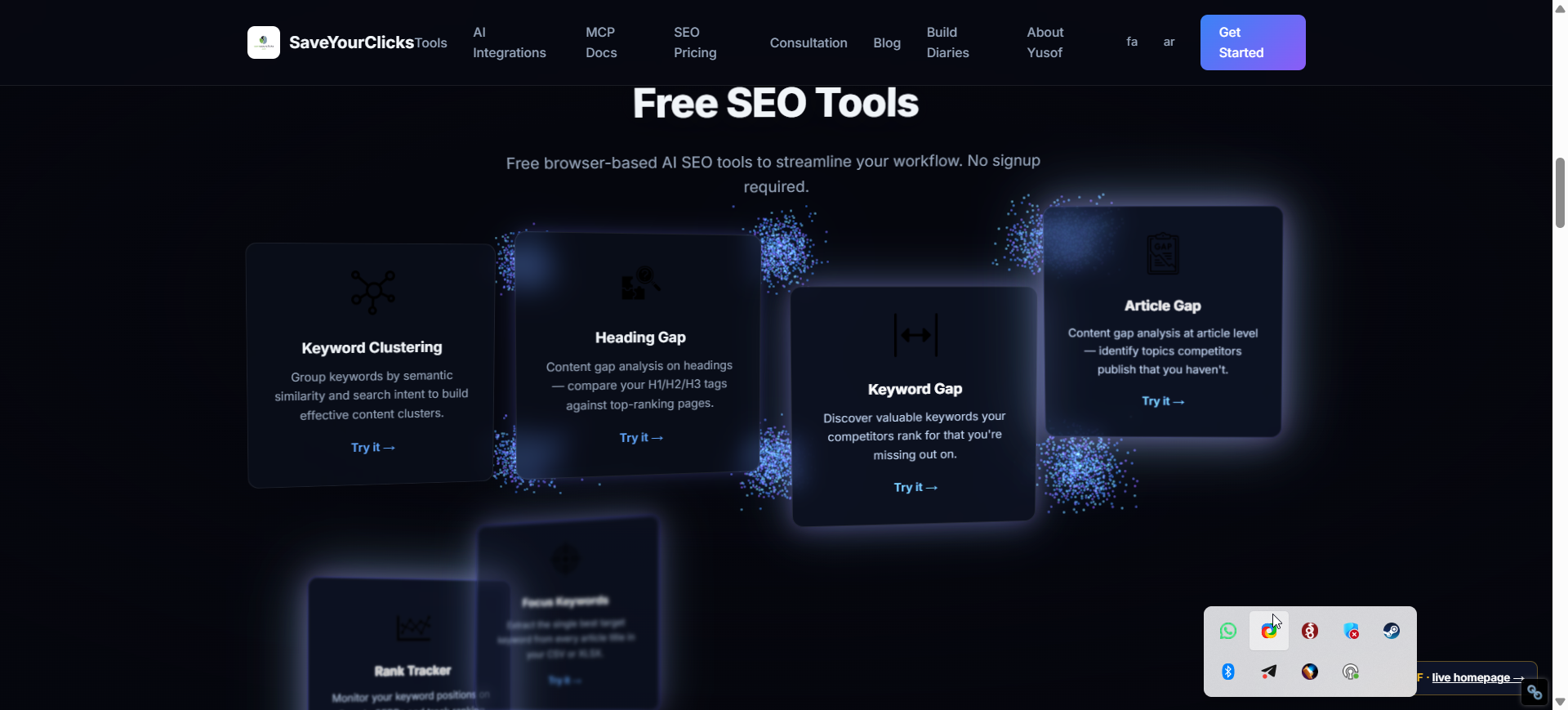 The finished tools section — Keyword Clustering, Heading Gap, Keyword Gap and other cards arranged in 3D, each surrounded by a cluster of glowing blue particles, having flown in from depth as the user scrolled.