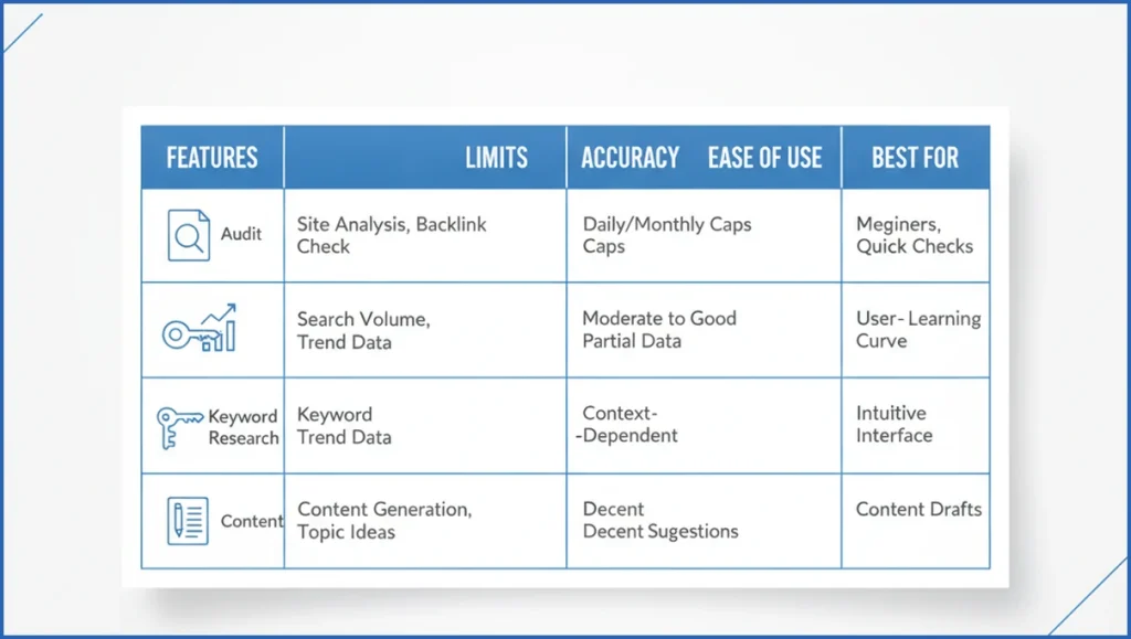 SEO tools compared in a scoring table