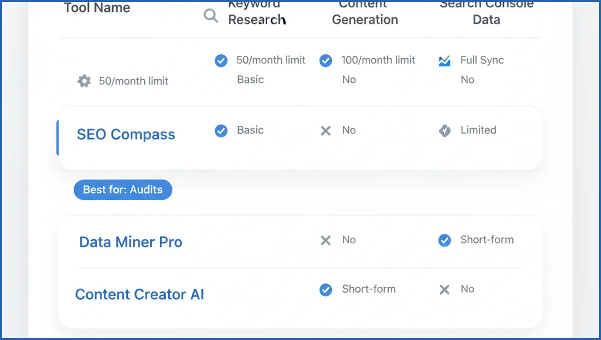 Comparison matrix of free SEO AI tools
