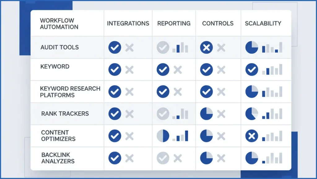 Comparison matrix for SEO automation tools