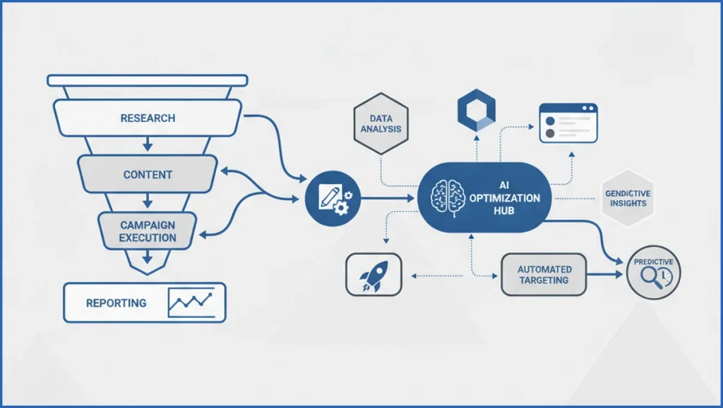 Marketing funnel with AI workflow nodes