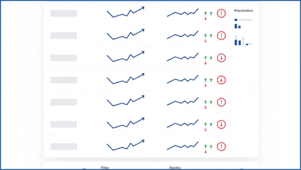 SEO content audit dashboard with declining pages highlighted