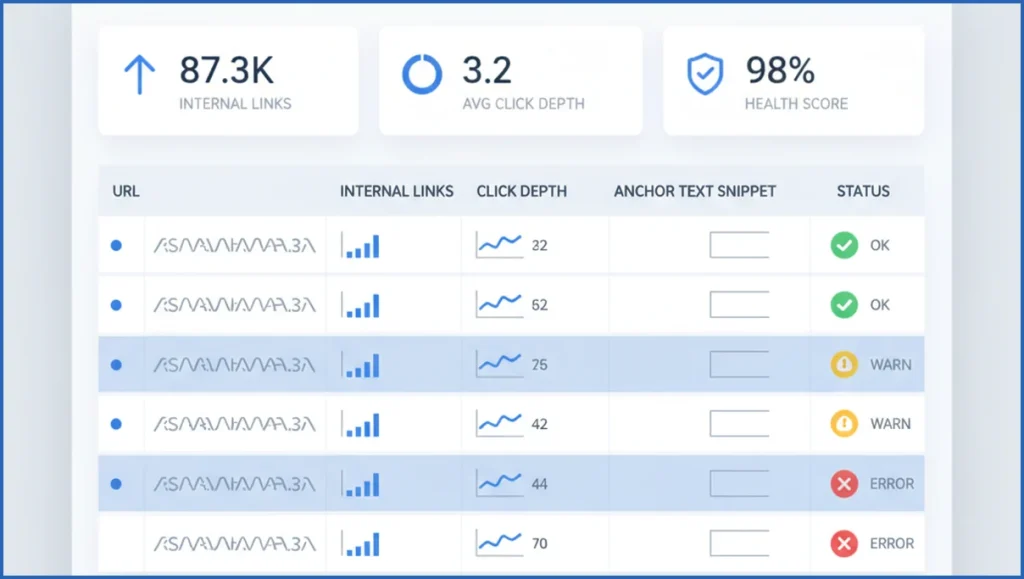 Site audit dashboard with link data