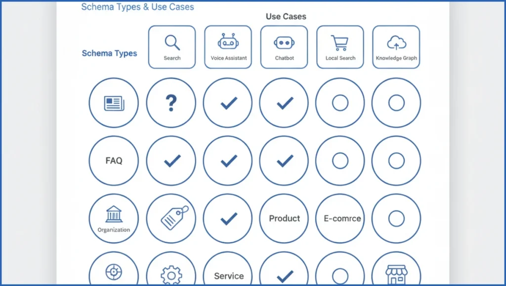 Schema types mapped to AI visibility use cases